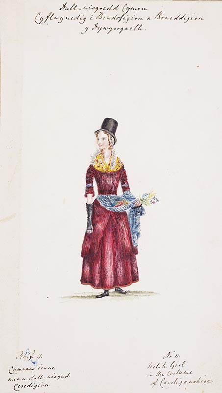 figur 2: kort titel Lady Llanovers skitser: pige i kostume fra Cardiganshire. Nr. 11 fra albummet akvareller af Velsh kostume, bestilt af Lady Llanover, malet af A. Billede venligst udlånt af Nationalbiblioteket. DV 299. 