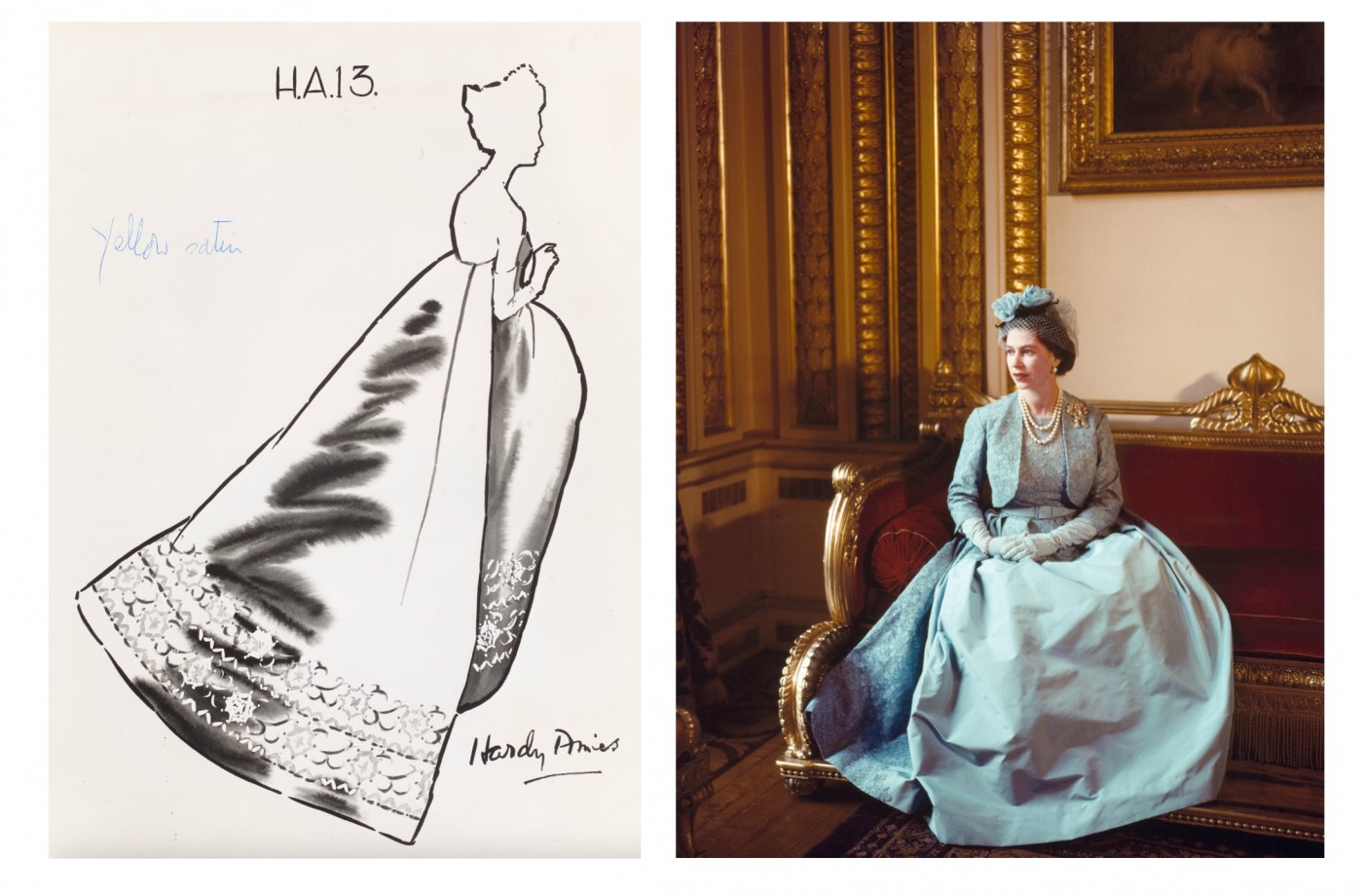LEFT: Sketch for Evening Gown, Hardy Amies, 1961. Credit: Royal Collection Enterprises Limited 2026 | All Rights Reserved<br />
<br />
RIGHT: Queen Elizabeth II on Princess Margaret’s Wedding Day, Cecil Beaton, 1960. Credit: © Cecil Beaton / Victoria and Albert Museum, London.