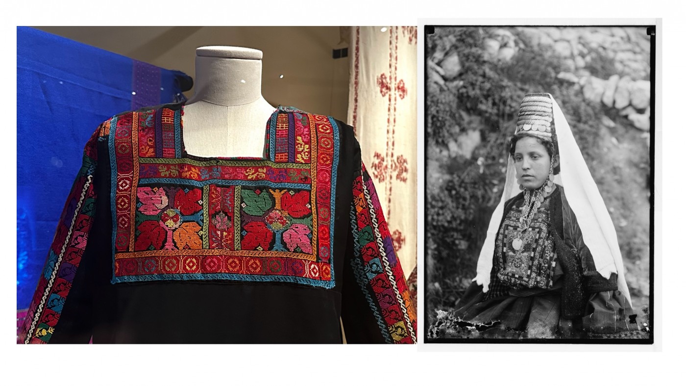 L: Tatreez Embroidery incorporating rural symbols Detail circa 1920- Embroidering Palestine at MoMu –Fashion Museum Antwerp, 2025, © Photo: Jane Francis<br />
R: Married woman from Bethlehem wearing hat and veil, Matson Photo Service, ca. 1934–39. Courtesy of the Library of Congress, Prints and Photographs  Division 