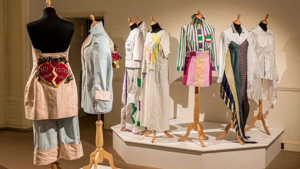 Examples of Exeter College Student's Work, on display at Killerton as part of Branded: fashion, femininity and the right to vote, ©National 