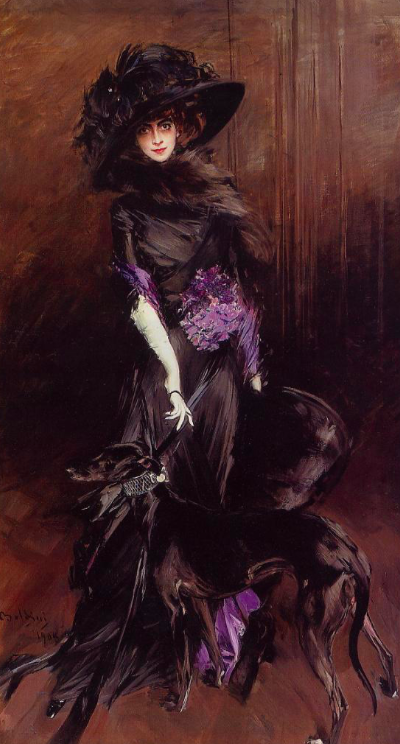 Marchese Luisa Casati with greyhounds, portrait  by Giovanni Boldini, 1908. 