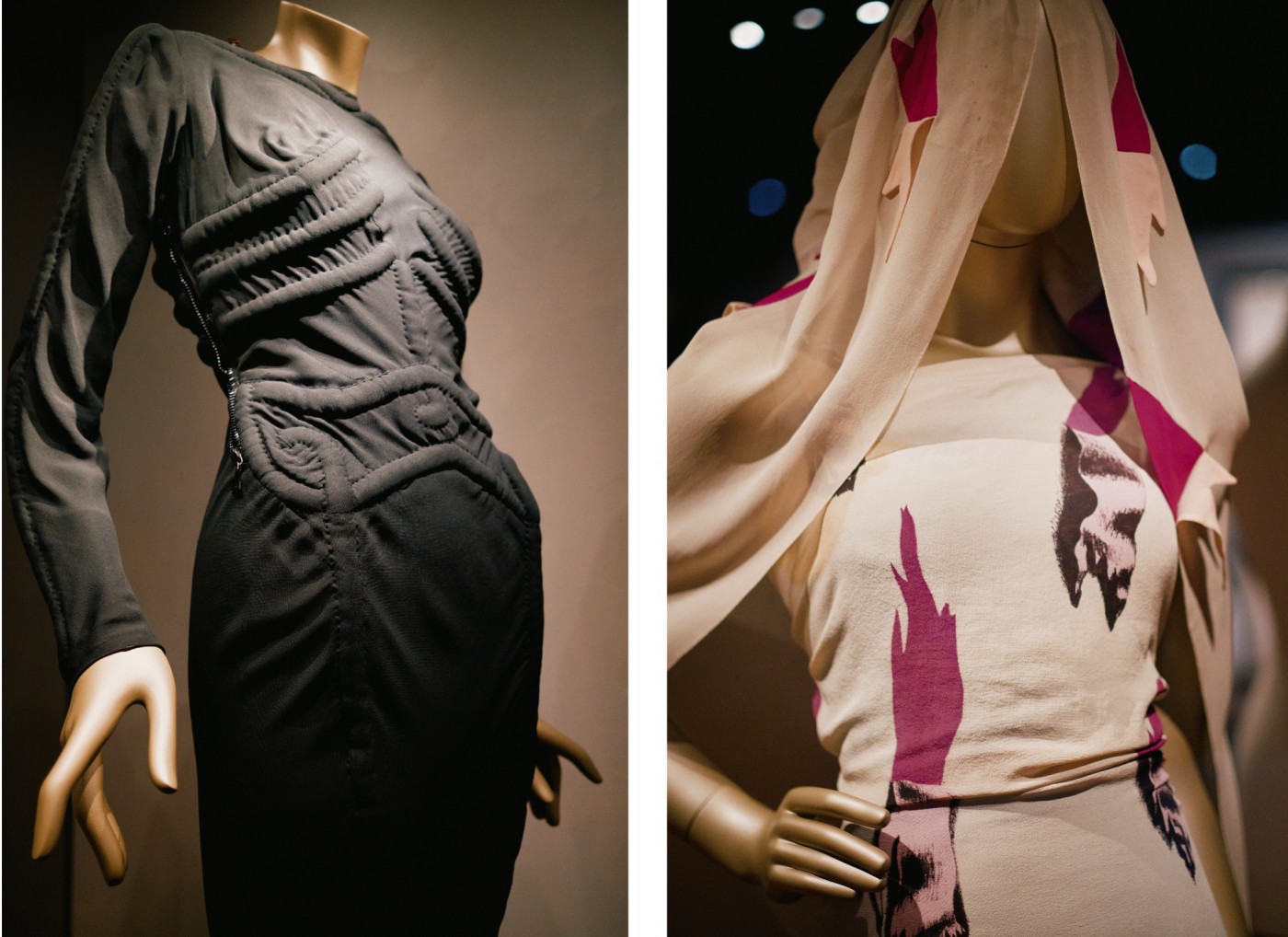 (LEFT) Skeleton Dress in collaboration with Salvador Dali - 1938- Behind the scenes of Schiaparelli: Fashion Becomes Art at V&A South Kensington © Jamie Stoker<br />
<br />
(RIGHT) The Tears Dress 1938 in collaboration with Salvador Dali - Behind the scenes of Schiaparelli: Fashion Becomes Art at V&A South Kensington ©Jamie Stoker<br />
