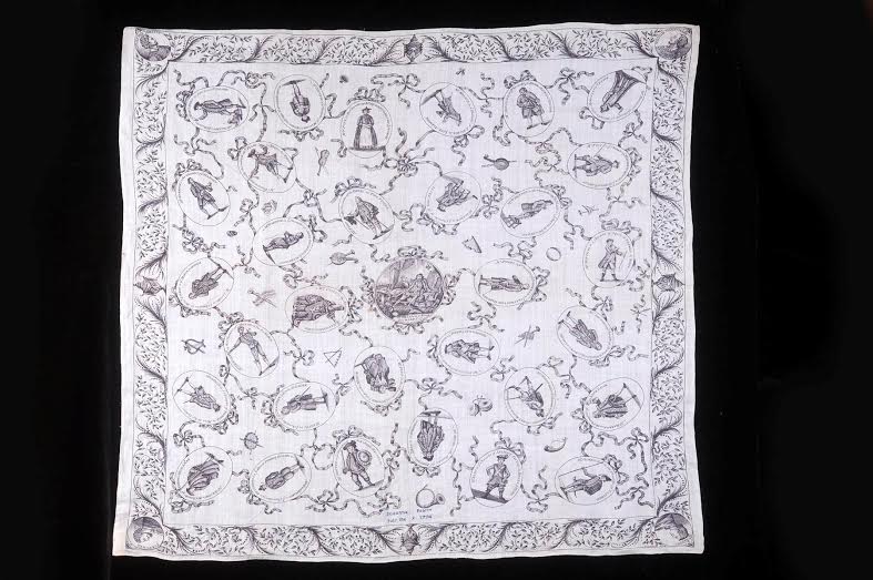 Linen handkerchief printed with images of David Garrick and other actors, and embroidered with ‘Susanna Pearce, July the 9 1774. Image copyr