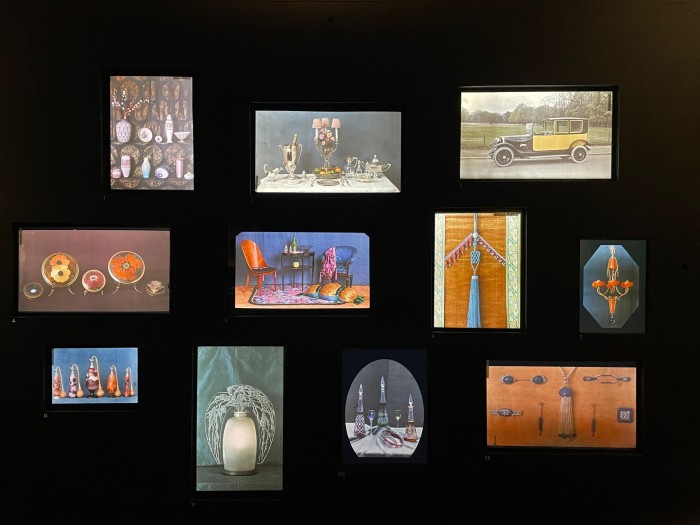 Various autochromes, exhibition installation shot Les Couleurs de la Mode, Paris, Palais Galliera. 
