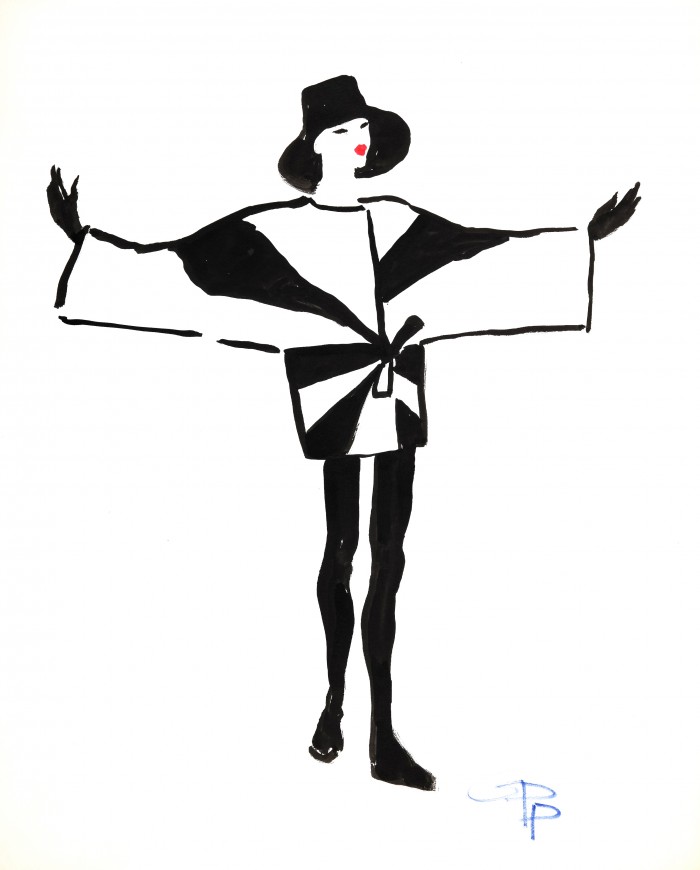 GPP. Pierre Cardin Passe Present Futur, 1991 Black ink on paper, signed, 1950 - 1990 V&A Exhibiton 1991, 55 x 44 cms