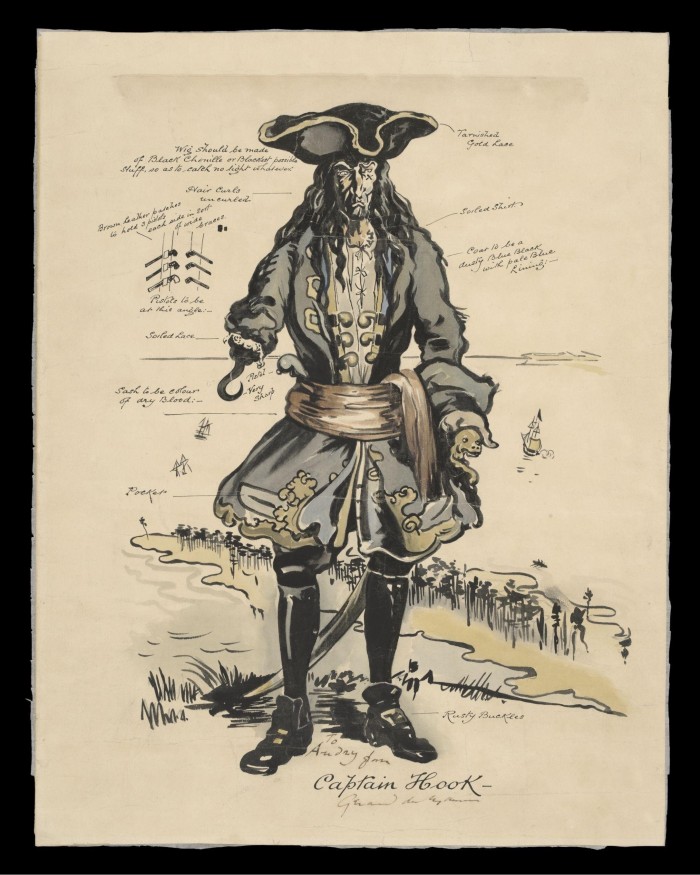 Costume design for Captain Hook by William Nicholson (1872-1949) for the first production of Peter Pan by J.M. Barrie at the Duke of York's Theatre, 1904. Signed and dedicated 'To Audrey' by the original Hook, Gerald Du Maurier ©Victoria and Albert Museum, London