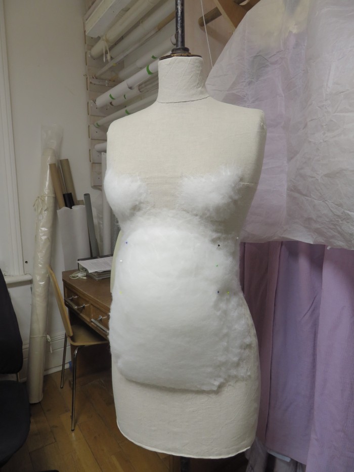 Initial stage of building the custom mannequin for Maud's maternity dress.