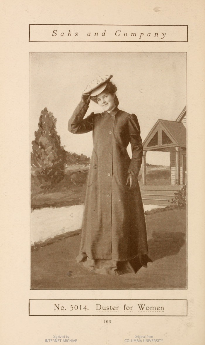 ‘No. 5014. Duster for Women’, Saks & Company, Distinctive Automobile Garments & Requisites, 1904, p. 166. 