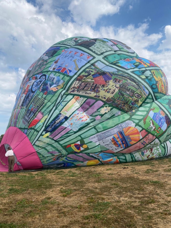 The Fields of Everywhen balloon showing a selection of the collaged artworks. With permission of Caitlin Allen.