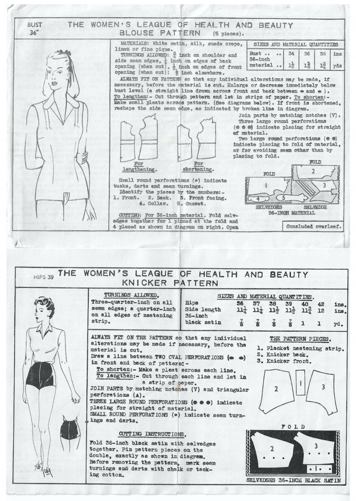 Image 2. Women’s League of Health and Beauty Blouse and Knicker Patterns, ca. 1930s, The Women’s League of Health and Beauty Archives