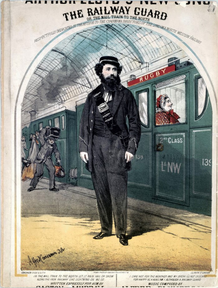 Alfred Concanen. A uniformed LNWR passenger guard depicted on the cover of Arthur Lloyd's comic song The Railway Guard, c. 1870. Stockport: Anthony Dawson Collection.