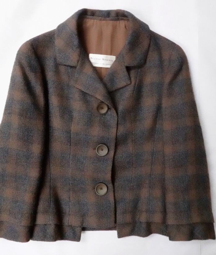 Victor Stiebel label (17 Cavendish Square, London) inside brown jacket. Seneca Fashion Resource Collection. Gift of Mona Campbell. Photo by Ingrid E. Mida.