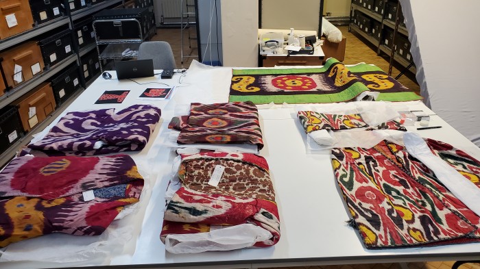 The six ikat textiles at the BM’s textile storage at Blythe House during the sampling campaign. © The Trustees of the British Museum