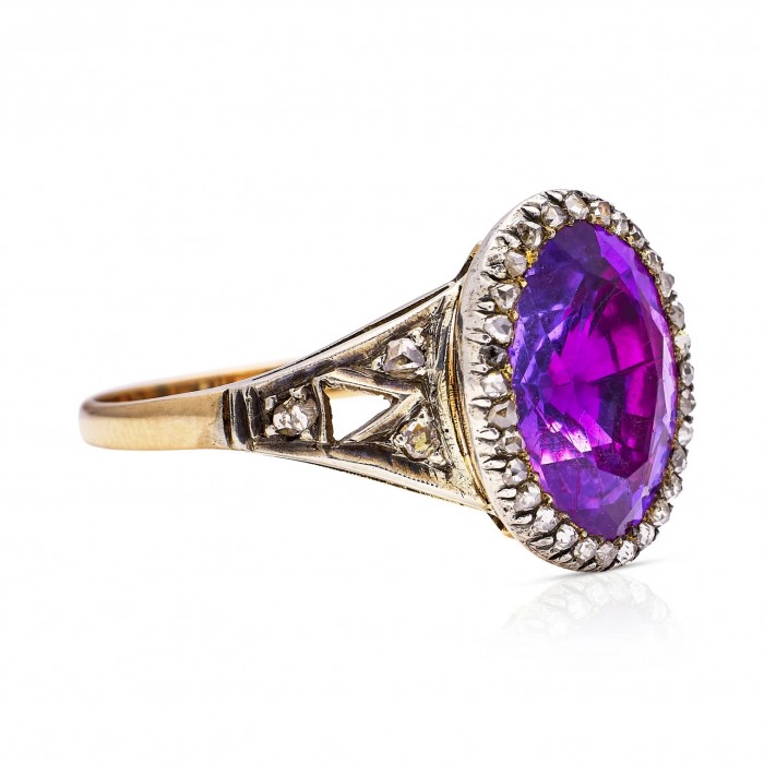 Georgian Foiled Amethyst and Diamond Cluster ring. Copyright The Antique Ring Boutique.