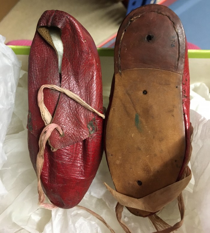 Red leather infants’ shoes, 1790-1800, image by Greer Parker