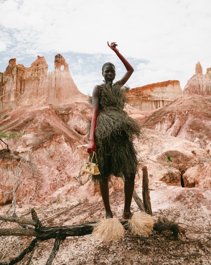 Dirty Looks IAMISIGO, handwoven raffia-cotton blend look dyed with coffee and mud, Shadows,Spring/Summer 2024. Photograph by Fred Odede. 
Courtesy of IAMISIGO.