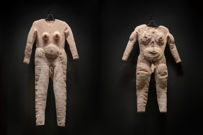 'Nude suits' on display, crocheted by textile artist Katharina Krenkel.