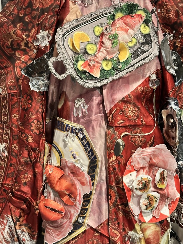 Detail-Leeann Huang ‘Six Course Meal’ Grey wool coat with applique 2019 United States ©Jane Francis