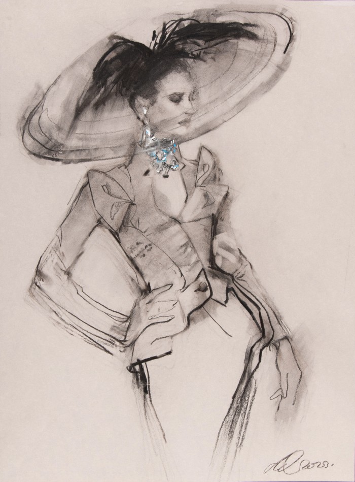 John Galliano for Christian Dior Couture A/W 2000, charcoal & pastel on coloured paper, signed & dated 2023, 75 x 55