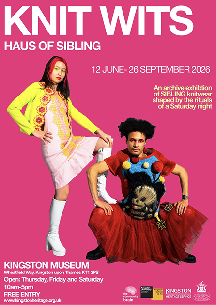 Knit Wits Haus of SIBLING, exhibition poster, creative concept and photography by Scarlett, J, Polina, Riya and Elisa, 2nd Year BA Fashion Promotion and Communication, 2026