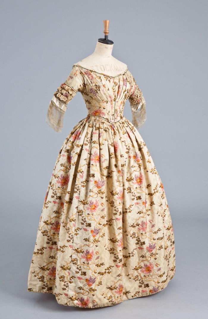 Image 1 Figured silk, honeysuckle printed day dress c1847, (acc.no.2012.1997) (permission Lucy Barriball) 