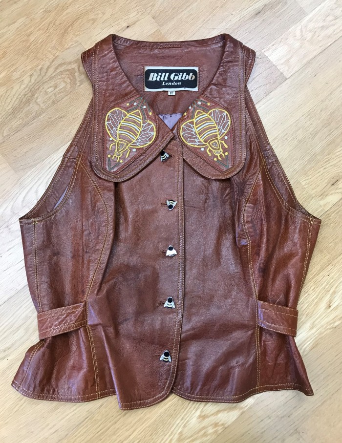 2. Chestnut leather waistcoat with embroidered bee motif. Bill Gill label first solo collection A/W 1972. Photo by author.