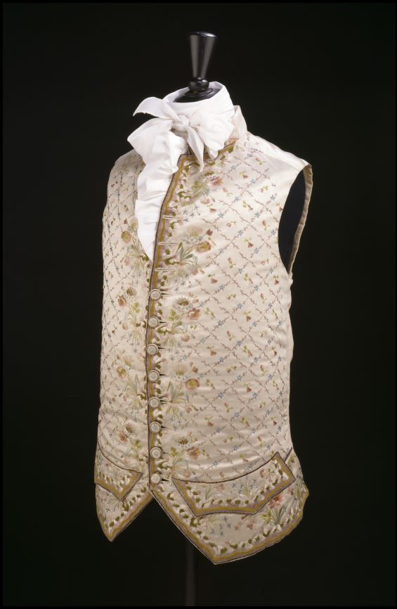 Man's court waistcoat, 1780s, English or French; white silk, embroidered, in Beatrix Potter, Tailor of Gloucester © Victoria and Albert Museum, London