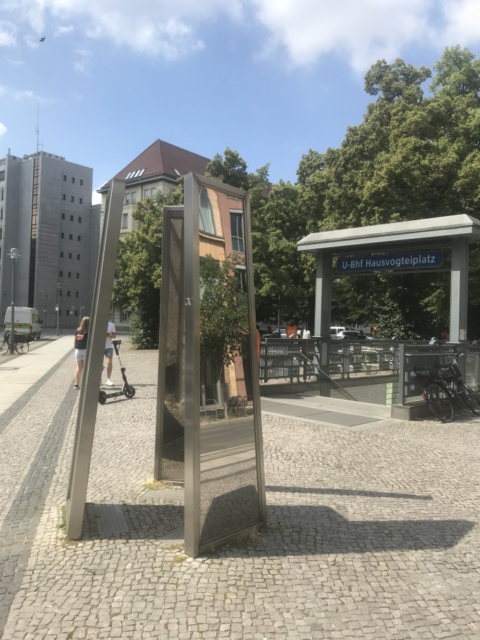 The monument on Hausvogteiplatz commemorating the persecution of Jewish clothing industry during the Nazi era. Created by artist Rainer Görß.