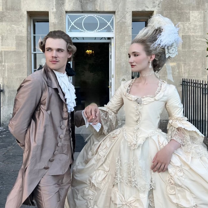 Finn and his friend wearing 1770s costumes made by Finn in Bath, June 2023.