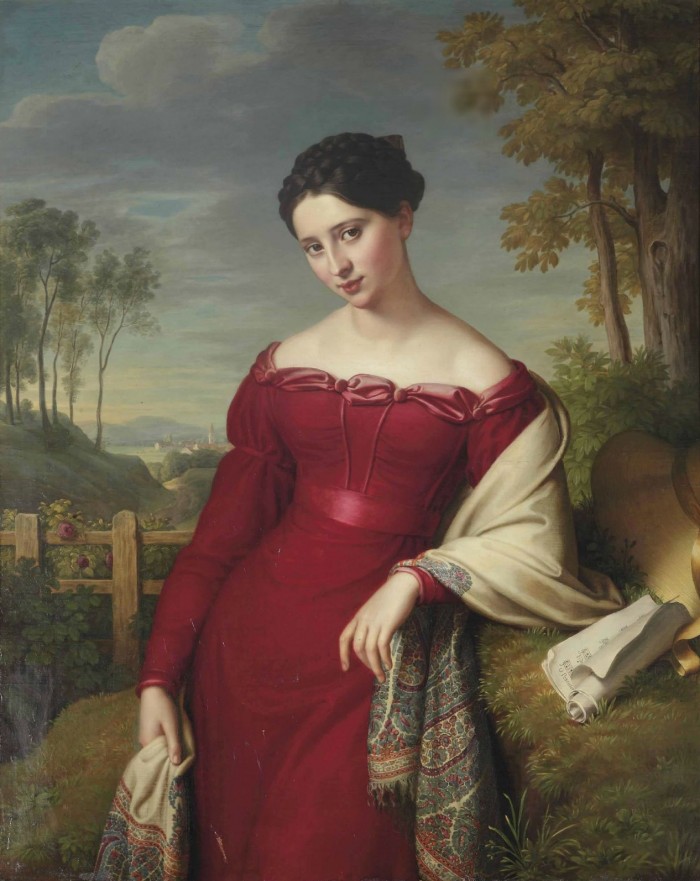 Portrait of a young lady in a red dress with a paisley shawl by Eduard Friedrich Leybold 1824 via Wikipedia commons
