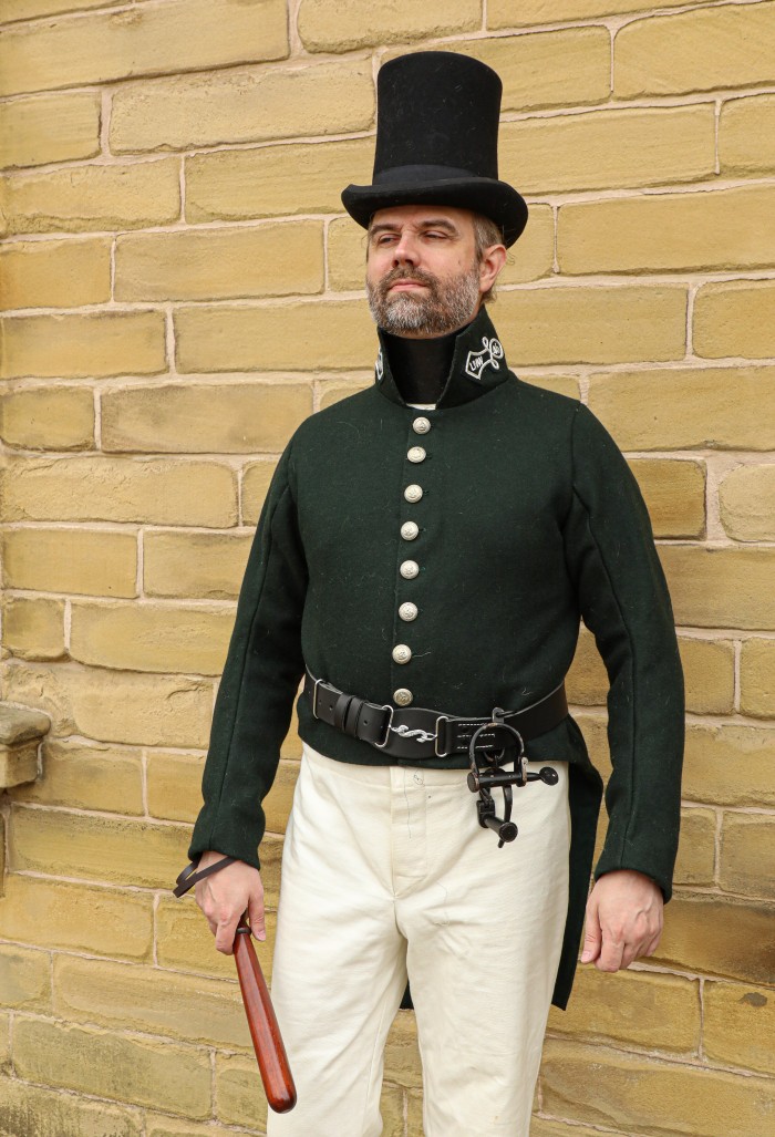 1830s/1840s Railway Constable resplendent in his summer dress (white canvas trousers in lieu of wool). Other than the top hat, everything was entirely hand made with original buttons and some accoutrements. Image courtesy of Ian Hardman.