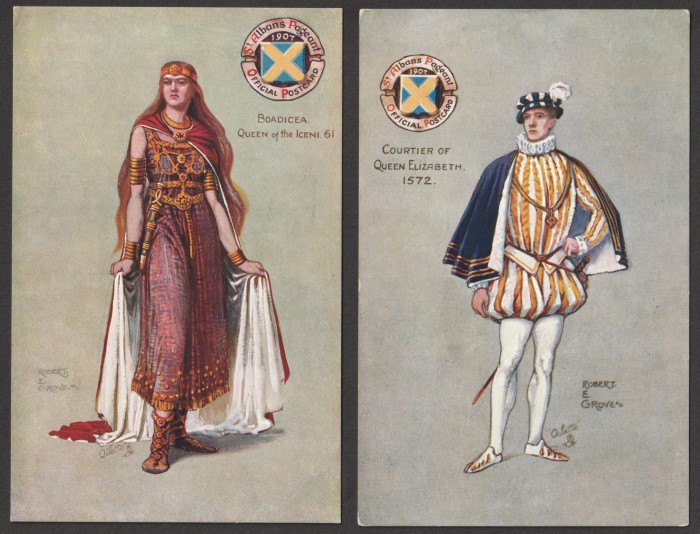 ‘Boadicea, Queen of the Iceni 61’ and ‘Courtier of Queen Elizabeth, 1572’ by Robert E. Groves. Official postcards for the 1907 St Albans Pageant (Raphael Tuck & Sons, 1907). Author’s collection.