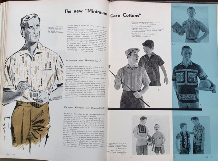 Sir 1957 2 Summer Minimum Care Cotton shirts:

As the brother publication to International Textiles, Sir always put a great emphasis on cloth and fabric. It enthusiastically promoted new developments such as synthetic fibres and, as here, innovative finishing ideas. 