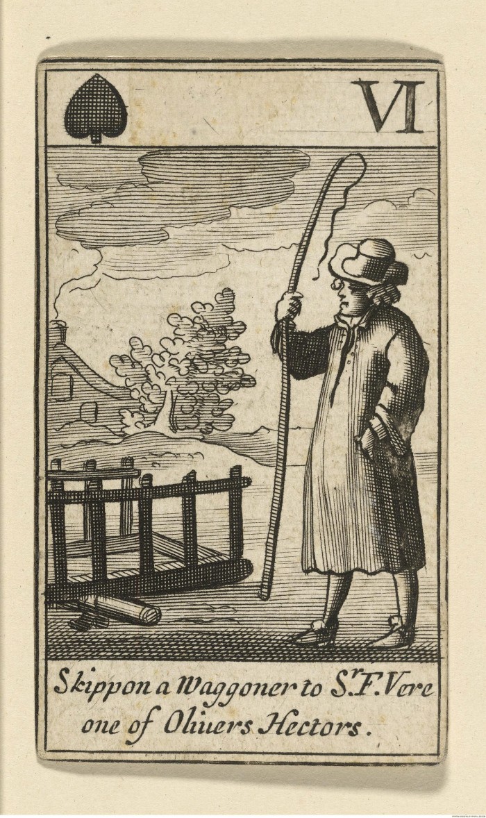 Skippon a Waggoner, 1660–1665, from a pack of cards titled The Knavery of the Rump; 9.1 × 5.2cm, British Museum acc. no. 1896,0501.917. © The Trustees of the British Museum.
