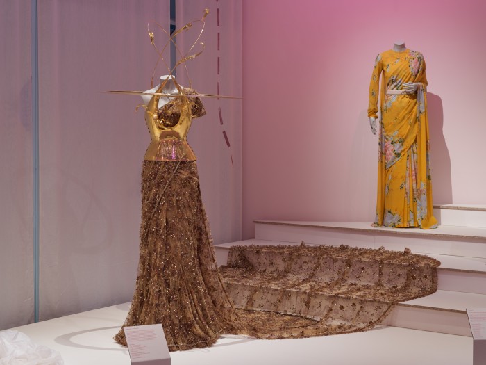 Display of a Sabyasachi and Schiaparelli sari, worn at the 2022 Met Gala © Andy Stagg for the Design Museum.