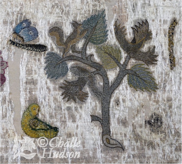 The filbert tree and squirrel on the front of the Bacton Altar Cloth, surrounded by birds, insects, and caterpillars. Image credit: Challe Hudson