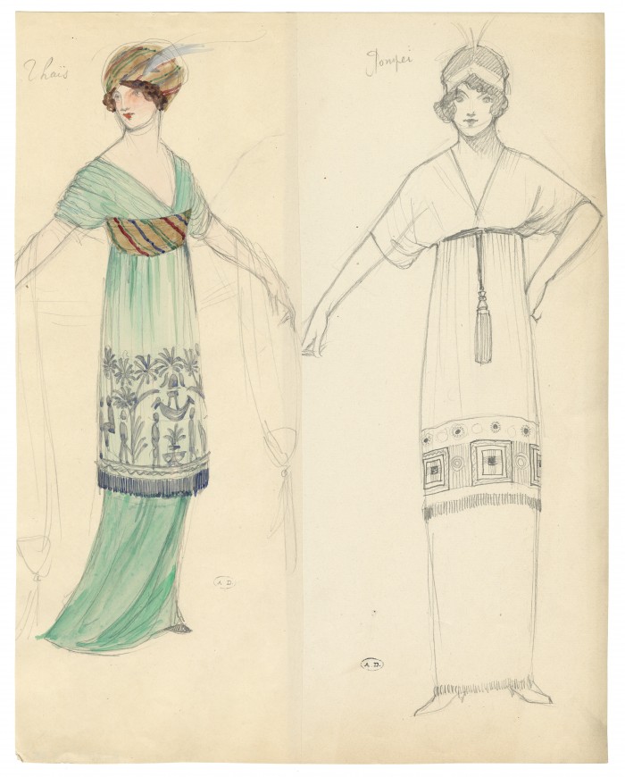 Victor Lhuer (1876-1952) — Modèles de robes pour Paul Poiret Vers 1910 Graphite et aquarelle sur papier vélin © Les Arts Décoratifs.